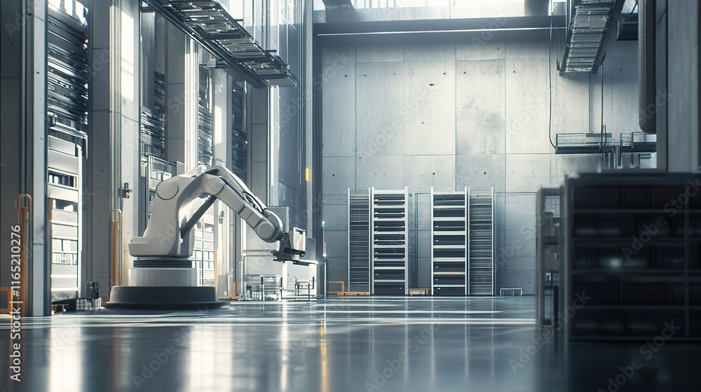 Poster advanced 3d rendering of automated warehouse with robotic arms