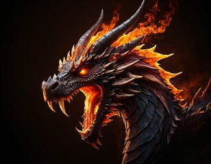 Legendary Fire Dragon Head on the Dark Background. Traditional Chinese Dragon. Fire Creature Logo For Your Product. Ai generated images