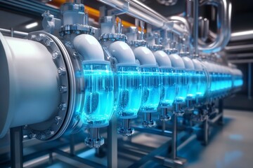 Fototapeta premium Futuristic Industrial Blue Liquid Flow System: High-Tech Manufacturing Process