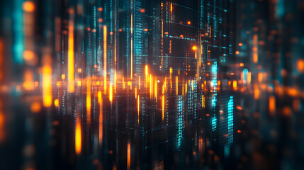 Fototapeta premium Digital Matrix, Data Streams Flowing Dynamically, Illuminating a Futuristic Cityscape with Vibrant Hues.