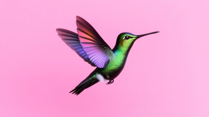 Fototapeta premium A vibrant hummingbird in flight against a pink background.