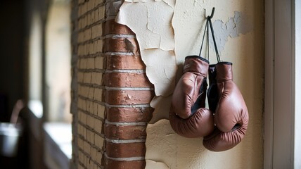 Boxing Gloves Hanging on Brick Wall, Vintage Gym, Boxing