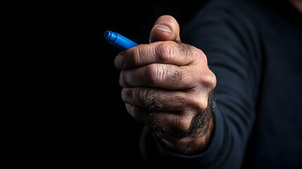 Hand Holding Blue Marker: A Gesture of Making Notes, Writing Ideas, or Drawing Sketches.  Creating and Communicating.