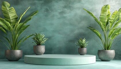 Fototapeta premium Serene Green Studio Scene with Plants and Minimalist Display Platform