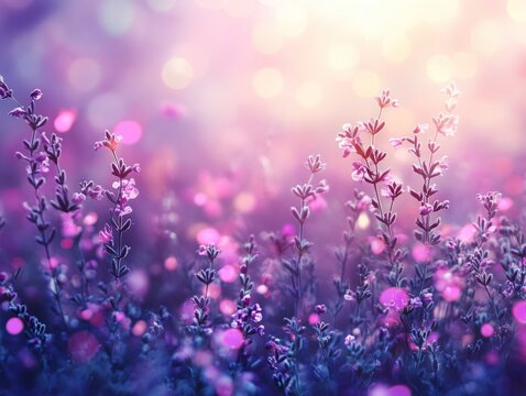 Vibrant purple wildflowers bathed in soft sunlight, creating a dreamy, bokeh-filled meadow scene at sunrise or sunset. - Powered by Adobe