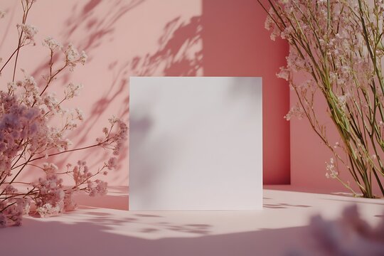 A blank white square card on a pink spring background with flowers