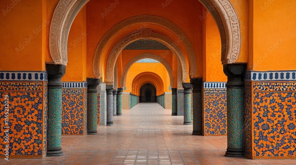 Poster stunning architectural design with vibrant orange walls and intricate tile patterns in a majestic ha