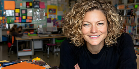 Fototapeta premium Smiling Woman in Classroom Setting: Educator's Passion for Teaching Children Brightly