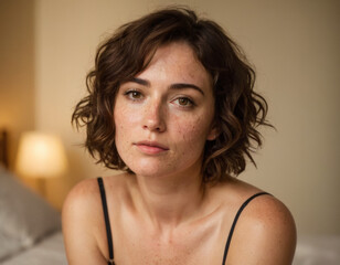 Intimate portrait of a topless woman with messy curls and freckles, savoring a serene moment in warm natural light.