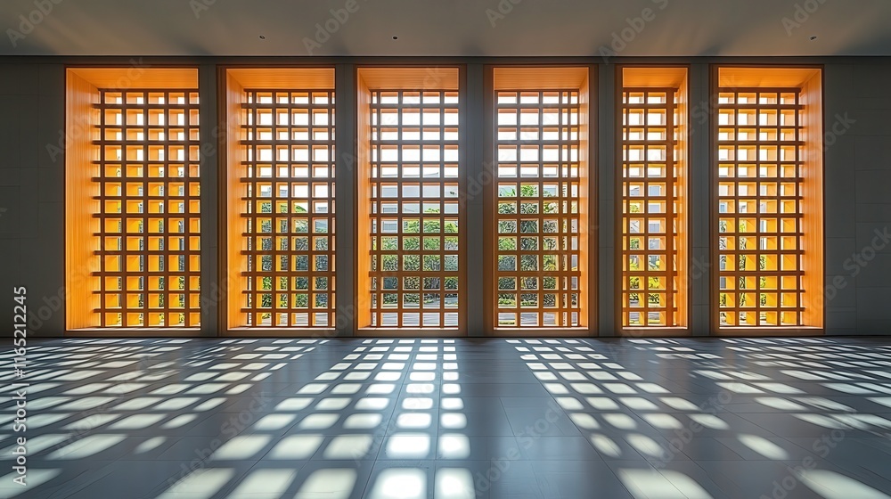 Poster sunlight filtering through ornate gridded windows creating intricate shadow patterns on floor and ga
