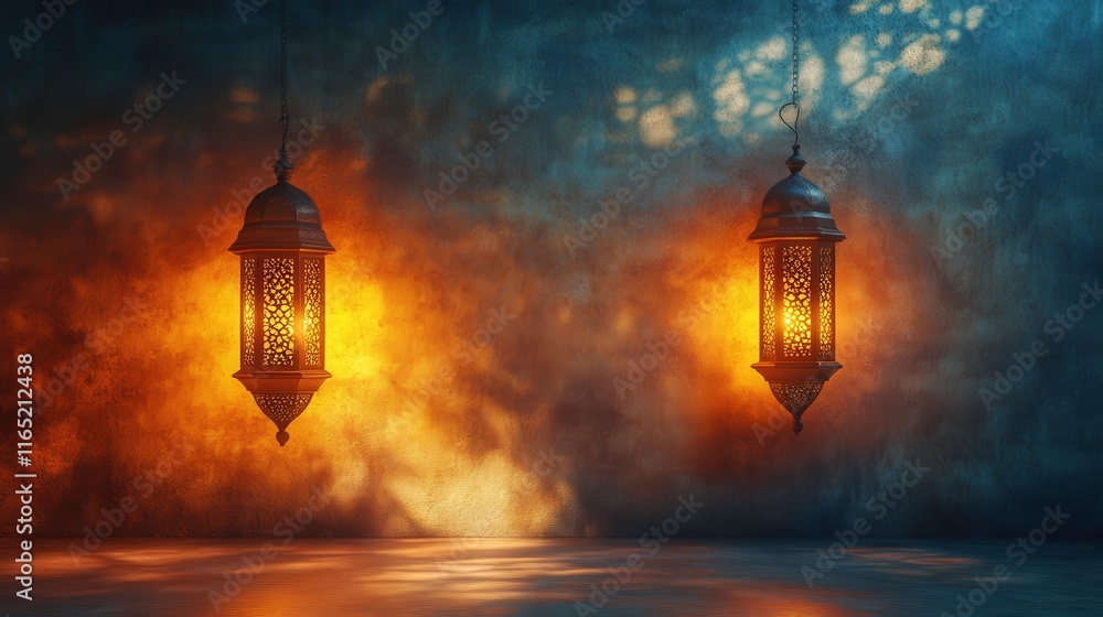 Poster warm and inviting atmosphere created by ornate lanterns casting ambient light on a textured wall in 