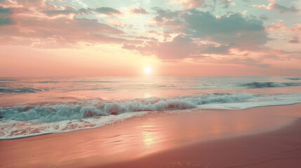 Obraz premium A beautiful beach under a pink and orange sunset sky features a calm sea and a sandy shore.