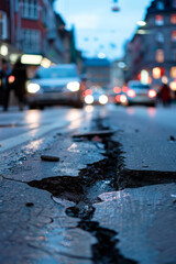 A city street with cracked asphalt has cars driving on it and people walking alongside, the ground marked by cracks.