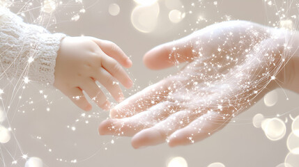 Fototapeta premium Tender Connection, Child's Hand Reaches for Adult's, Embracing Bonds of Love and Care with Sparkling Lights.