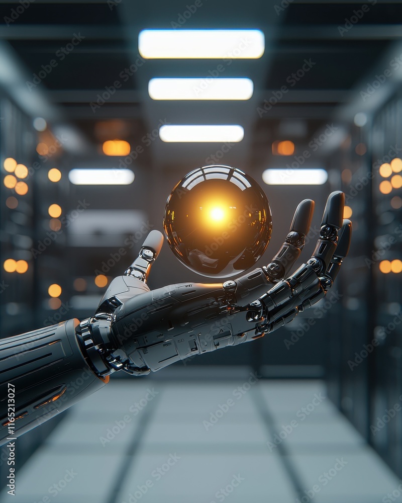 Poster robotic hand manipulating energy sphere in high-tech data center environment futuristic conceptual i