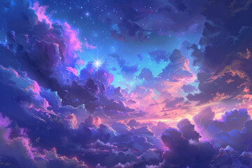 Obraz premium The sky offers a breathtaking view, filled with clouds and stars in shades of purple, blue, and pink against a dark background.