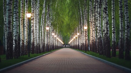 Obraz premium Serene Pathway Flanked by Lush Green Birch Trees and Illuminated by Warm Street Lamps in a Calm Natural Setting