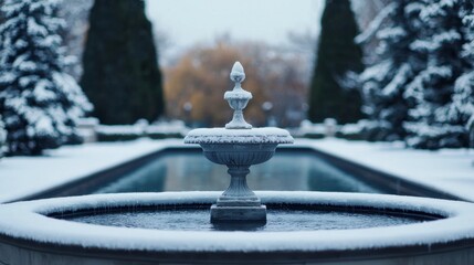 Naklejka premium Serene Winter Scene of a Fountain in a Snow-Covered Garden Surrounded by Tall Evergreen Trees Reflecting a Calm, Tranquil Atmosphere