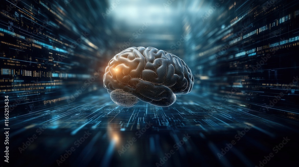 Fototapete Futuristic 3D Brain Model Surrounded by Digital Data Streams and Technological Elements Representing Artificial Intelligence and Neuroscience Concepts