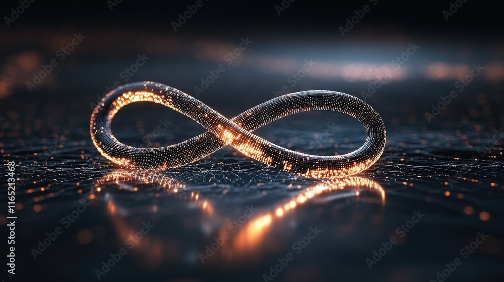 Poster abstract glowing infinity symbol with intricate design against a dark background, representing timel