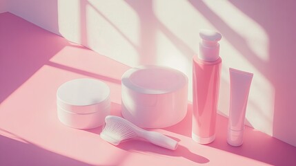 Naklejka premium Minimalist Beauty Products on Pink Surface with Natural Light