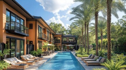 Resort with pool, trees, and chairs.