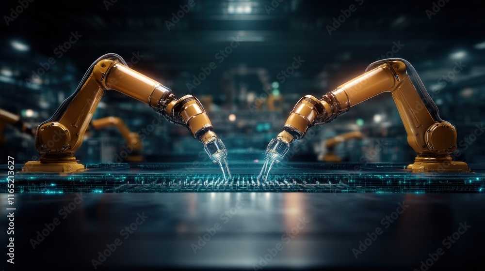 Poster Advanced Robotic Arms Collaborating on a Circuit Board Assembly in a High-Tech Industrial Environment