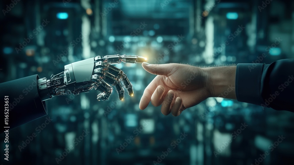 Aufkleber human and robot hand reaching for connection in a futuristic setting, symbolizing the intersection o