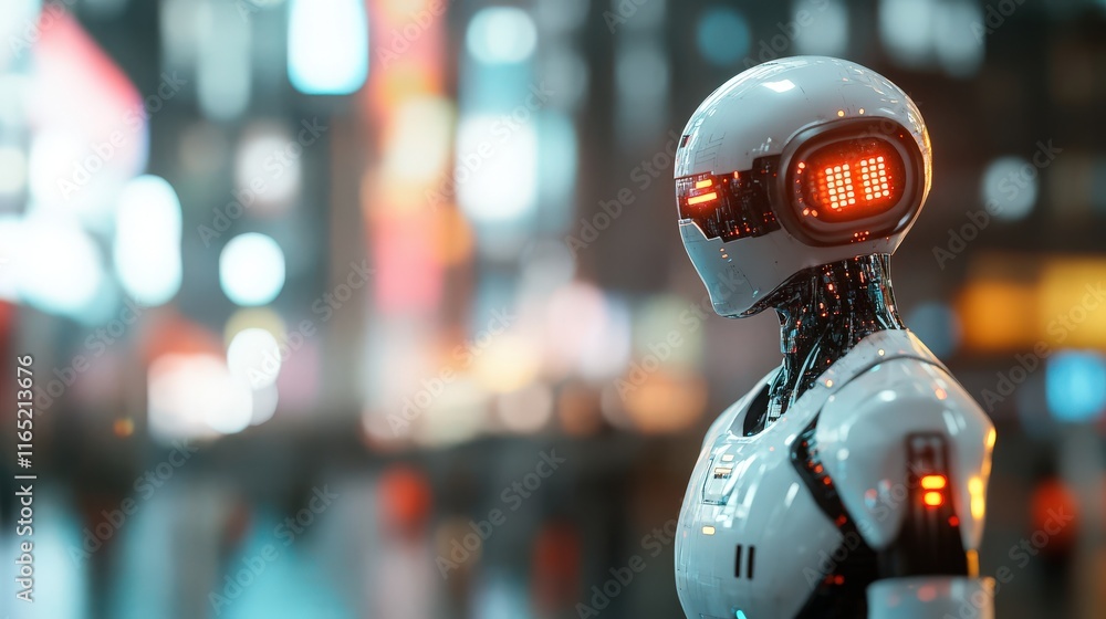 Poster futuristic humanoid robot with glowing features in an urban night setting, showcasing advanced techn
