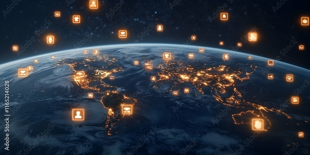 Aufkleber global network, data streams around earth at night, illuminating interconnectedness and digital comm