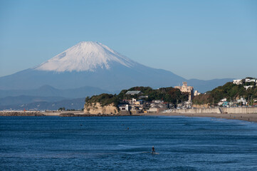 Sunny Day at Kamakura and Mount Fuji from afar with Enoshima Island in the foreground, Kanagawa,...