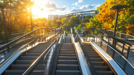 Autumnal Cityscape, Escalators Ascending Through Golden Trees to Modern Buildings