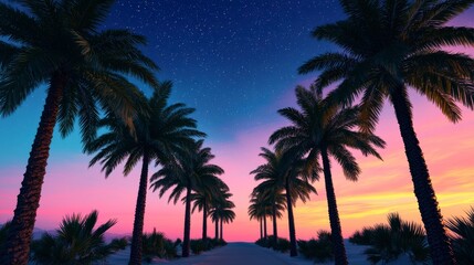 Obraz premium Serene Sunset Pathway Amidst Tall Palm Trees under Starlit Sky with Vibrant Hues of Pink, Blue, and Purple Blending Together in a Tropical Paradise