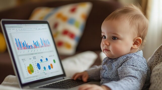 Baby Engaged with Business Data on Laptop in Cozy Setting