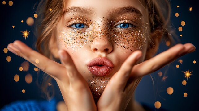 Young girl with sparkling face makeup making a kissy face gesture, adorned with shimmering glitter in a dreamy setting filled with glowing stars and soft lights