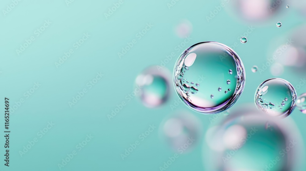Poster droplets abstract background idea. close-up of floating bubbles against a soft turquoise background,