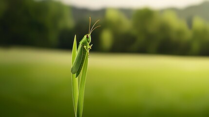 Close-Up of a Green Grasshopper Perched on a Blade of Grass with a Soft Blurred Background of Lush Green Fields and Trees in Natural Light