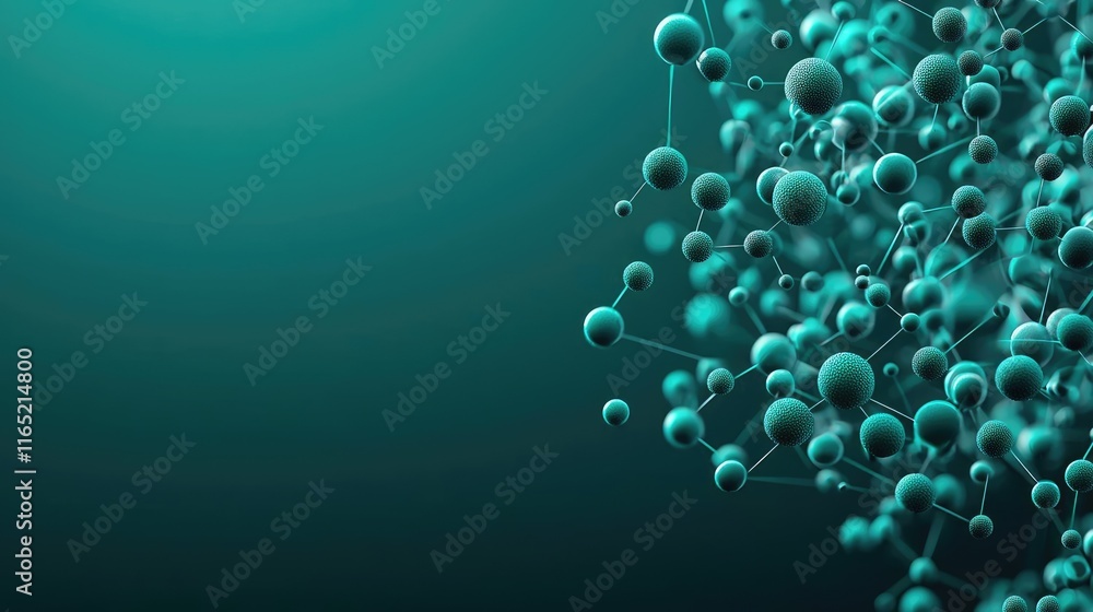 Poster droplets abstract background idea. abstract visualization of molecular structures in a vibrant teal 
