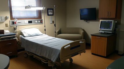 Empty Hospital Room with Bed and Chair