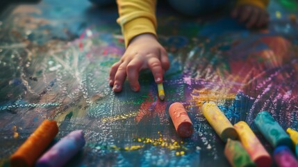 Obraz premium A childa s hand writing on a chalkboard with vibrant colored chalk, isolated with a soft-focus backdrop.