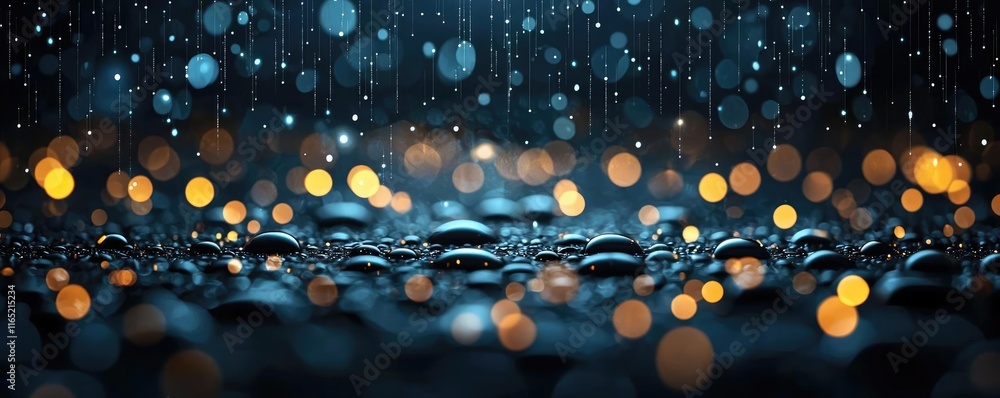 Poster droplets abstract background idea. close-up view of raindrops on water surface with shimmering bokeh