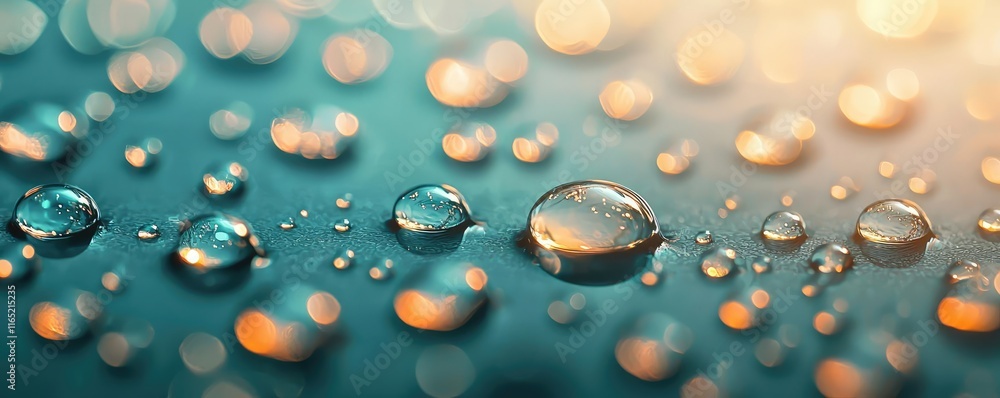 Poster droplets abstract background idea. close-up of water droplets reflecting light on a colorful surface