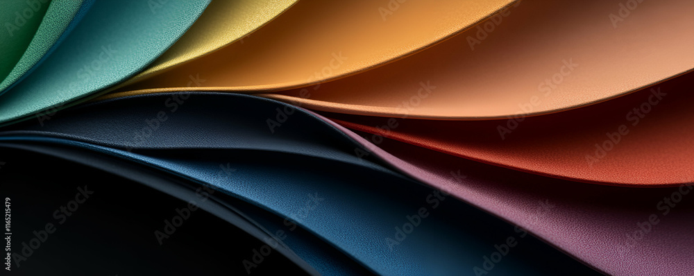Poster curved rainbow hues of textured material, showing variety in color and texture, capturing subtle lig