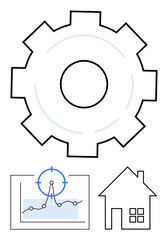 Gear symbol for process, trend graph with focus point, and a house icon suggest automation, data analysis, and home systems. Ideal for business, tech, innovation, real estate concepts planning