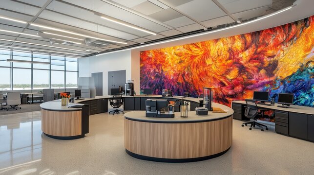 A contemporary open-plan office with a vibrant mural wall, circular desks, and centralized coffee stations