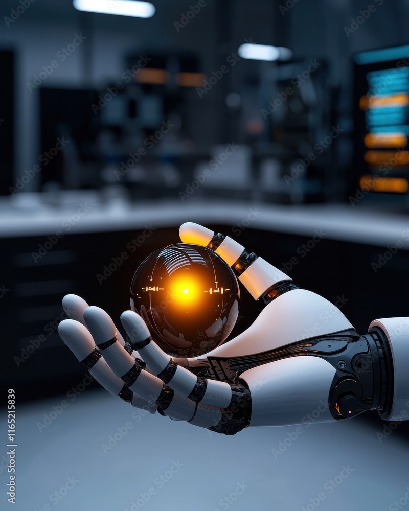 Poster robotic hand holding a futuristic sphere in a high-tech lab setting close-up view exploring ai conce