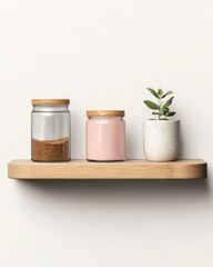 Home decor arrangement stylish jars and plant on wooden shelf minimalist design indoor setting modern aesthetic
