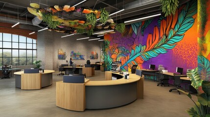 A contemporary open-plan office with a vibrant mural wall, circular desks, and centralized coffee stations