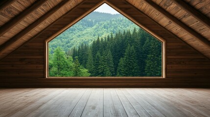 Cozy wooden attic interior with large window revealing breathtaking panoramic view of lush green forest and mountainous landscape for serene retreat experience