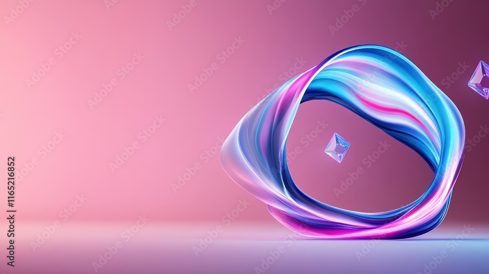 Poster abstract swirling shapes with floating crystals on a gradient background.